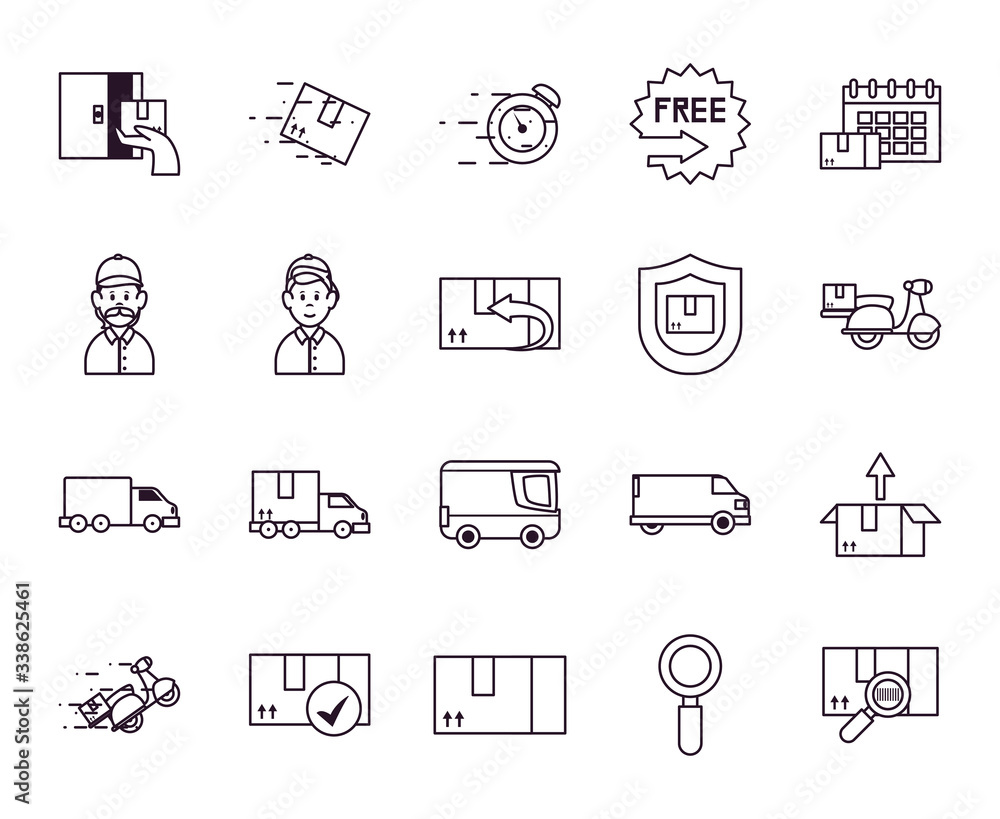Fototapeta premium boxes and fast delivery icon set, line style