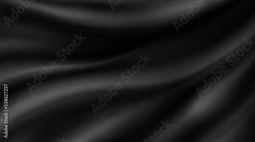 Black silk background illustration with dark luxurious fabric draped texture folds in waves of flowing soft pattern, abstract satin or velvet cloth in luxury material design for website or fashion