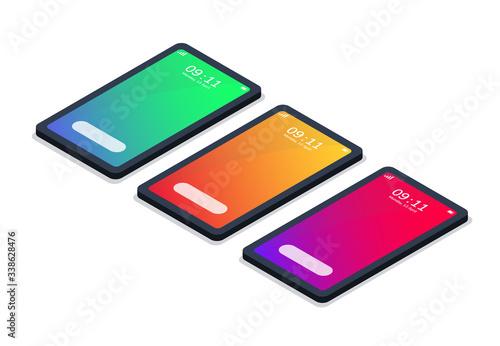 Modern isometric mockup phone with gradient color summer for Poster, Infographics, Game Asset, Cover. Vector illustratio