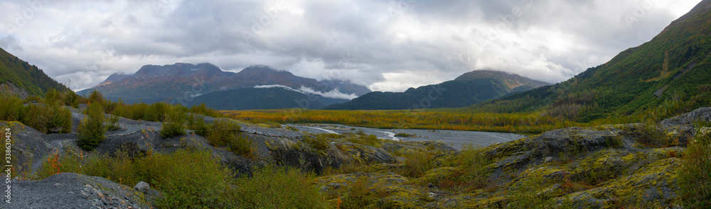Outwash Plain panorama on Exit Creek near Exit Glacier in Kenai Fjords National Park in Sep. 2019 near Seward, Alaska AK, USA.