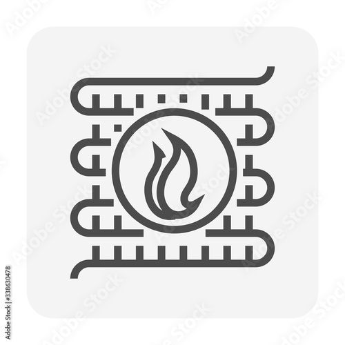 Condenser coil vector icon consist of copper or aluminium tubes, fins for holds refrigerant, gas, pressure in air compressor machine for ductless system, heating ventilation, air conditioning hvac.