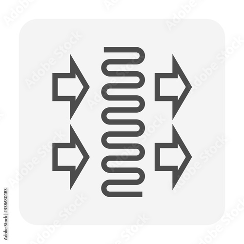 Condenser coil vector icon consist of copper or aluminium tubes, fan blow for holds refrigerant, gas pressure in air compressor for ductless split system, heating ventilation, air conditioning or hvac