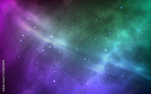 Space background. Magic stardust and shining stars. Bright milky way. Violet and green cosmos with realistic galaxy and nebula. Starry wallpaper. Vector illustration