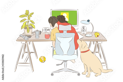 Hand draw and paint character isolate vector busy of single mom mother and daughter work from home in living room for quarantine from coronavirus, covid19