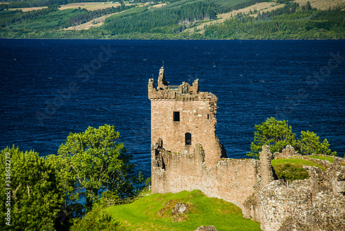 Castle ruins on the shore of Loch Ness - high angle looking down