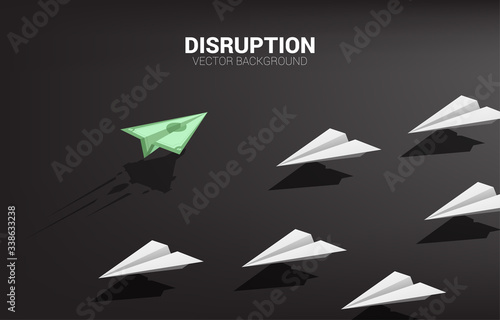 money banknote origami paper airplane go different way from group of white. Business Concept of disruption and vision mission.