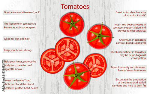 Tomato health benefits infographics on wooden background