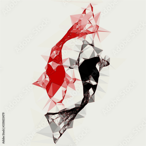 Polygon geometric twin fish,Koi fish,fancy carp red and black yin yang style ,Taoism style isolated background,vector background.