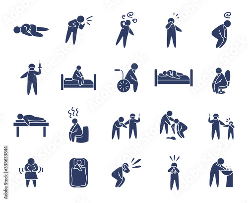 symptoms of disease and pictogram persons icon set, line style