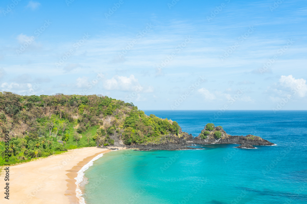 The Beautiful Sancho Beach, with turquoise clear water, at Fernando de Noronha Marine National Park, a Unesco World Heritage site, Pernambuco, Brazil The Beautiful Sancho Beach, with turquoise clear water, at Fernando de Noronha Marine National Park, a Unesco World Heritage site, Pernambuco, Brazil