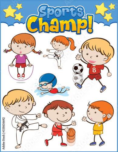 Set of children playing different sports