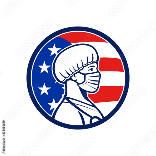 Mascot icon illustration of an American female nurse, medical professional, doctor, healthcare worker wearing a surgical mask and bouffant cap side with USA stars and stripes flag in retro style.