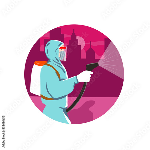 Illustration of an industrial worker, healthcare, essential or pest exterminator wearing a respiratory protective equipment, fumigating spraying disinfectant in city urban area in retro style.