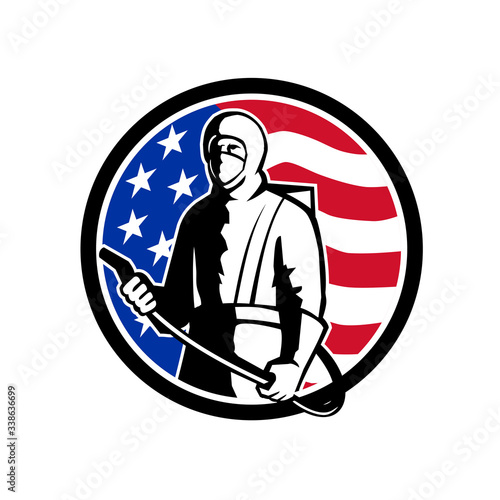 Illustration of an American industrial worker, healthcare, essential or pest exterminator wearing a respiratory protective equipment, ready to spray disinfectant standing with USA flag set in circle.
