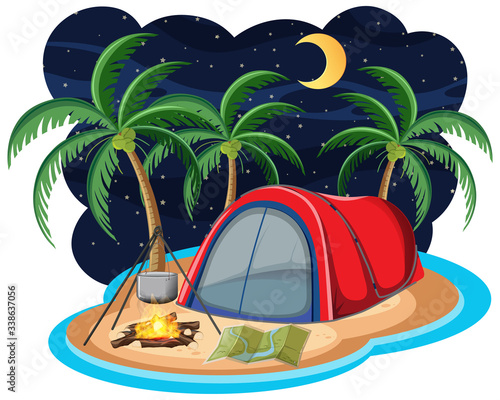 Scene with red tent on the island at night
