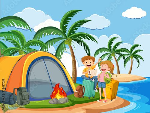 Scene with people camping out by the beach
