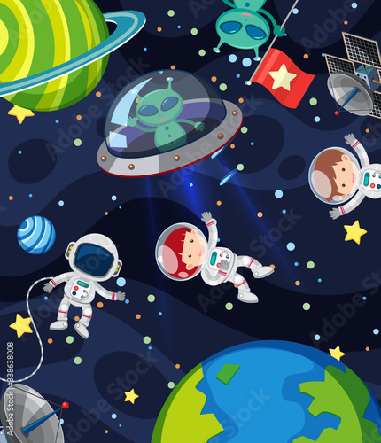 Fototapeta Naklejka Na Ścianę i Meble -  Background scene with many aliens and astronauts in the space