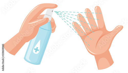 Cleaning hand with alcohol spay