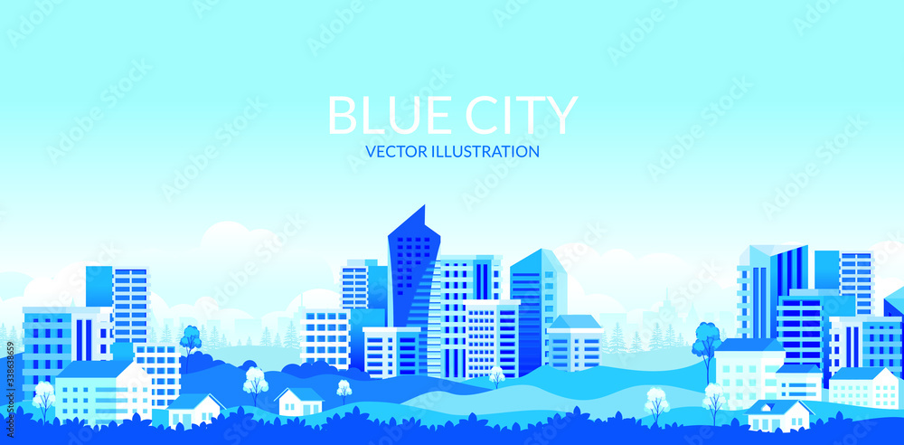 Urban landscape with modern buildings, skyscrapers and suburb with houses, Trees, mountains and hills. simple minimal geometric flat style with blue color theme.