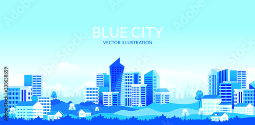 Urban landscape with modern buildings, skyscrapers and suburb with houses, Trees, mountains and hills. simple minimal geometric flat style with blue color theme.