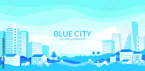 Vector illustration of City landscape with modern buildings, skyscrapers and suburb with houses, Trees, mountains and hills. simple minimal geometric flat style with blue color theme. 