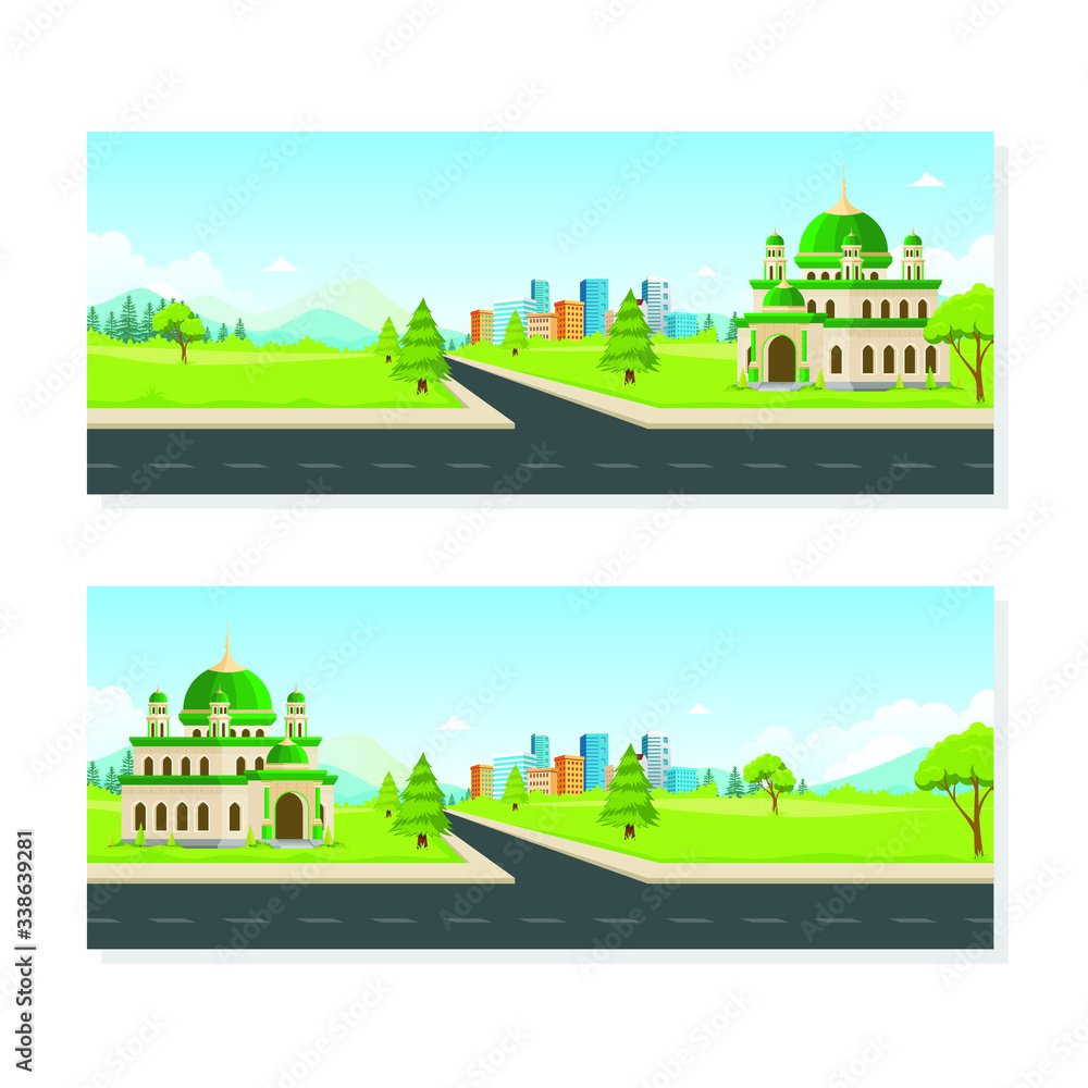 Obraz premium Eid Mubarak banners design with mosque and natural element, such us trees, grass. suitable for Ramadan Kareem flyer, poster, banner, greeting card, invitation card etc. 