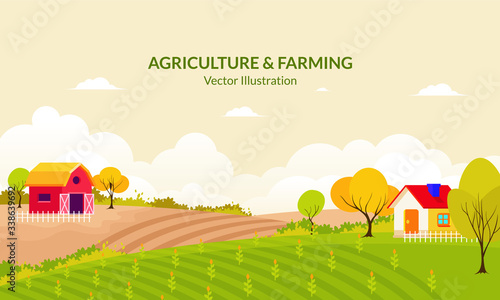Agriculture Rural landscape vector background. organic farm products, agriculture tool and machine, windmill, red barn and house.