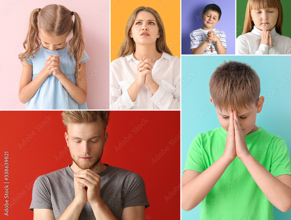 Praying little boy on color background Praying little boy on color background