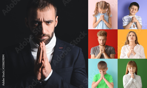 Praying little boy on color...