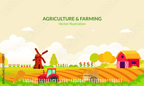 Agriculture Rural landscape vector background. organic farm products, agriculture tool and machine, windmill, red barn and house.