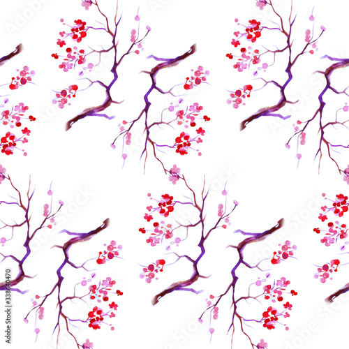 Watercolor sakura pattern. Seamless texture with blossom cherry tree branches isolated on white background © Xenta Rain