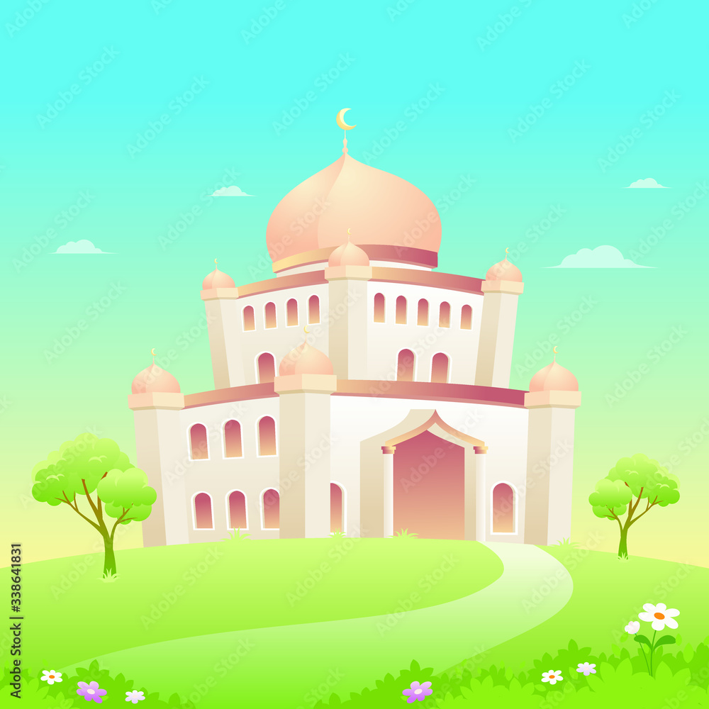 Mosque vector illustration with natural element, such us trees, grass. suitable for Ramadan Kareem flyer, poster, banner, greeting card, invitation card etc. 
