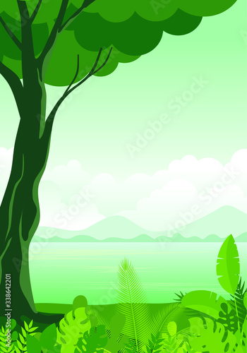 Beautiful sunrise at the forest. Green forest landscape with the lake. Nature background. Vector illustration.  © Astira
