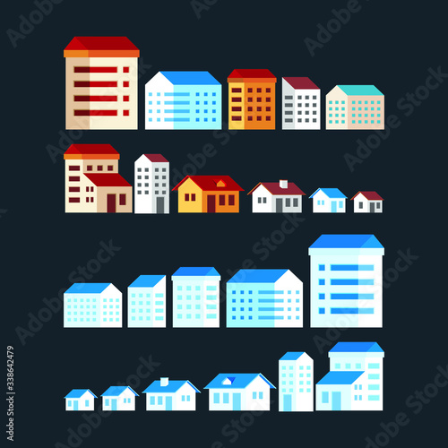 Simple geometric city buildings elements Vector illustration. Various Building, such us office, apartment, home, house, etc. suitable for websites, banners, covers elements
