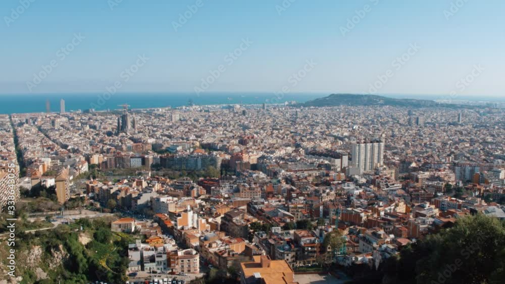 4K Barcelona skyline panoramic city and sea view from a hill, Spain
