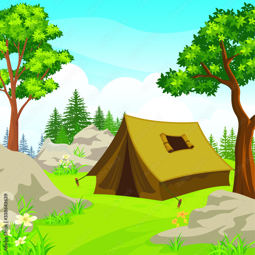 Summer camp vector illustration, with Camping tent on green hill, and ...