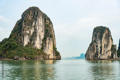 Beautiful island landscape of Halong Bay the UNESCO world heritage site in Vietnam. The bay features thousands of limestone karsts in various shapes and sizes.