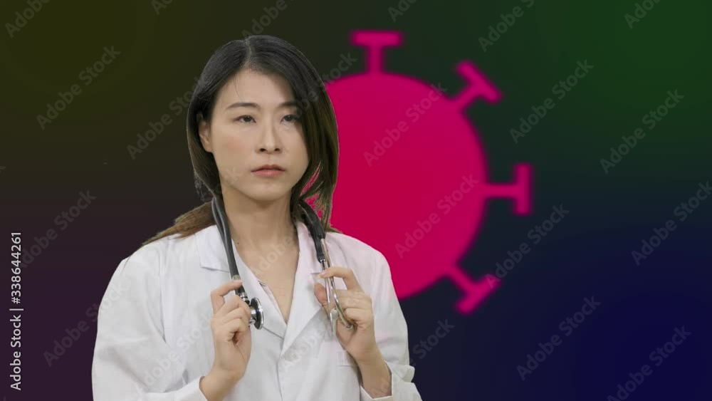 Asian American female doctor in hospital thinking with coronavirus cells background Asian American female doctor in hospital thinking with coronavirus cells background