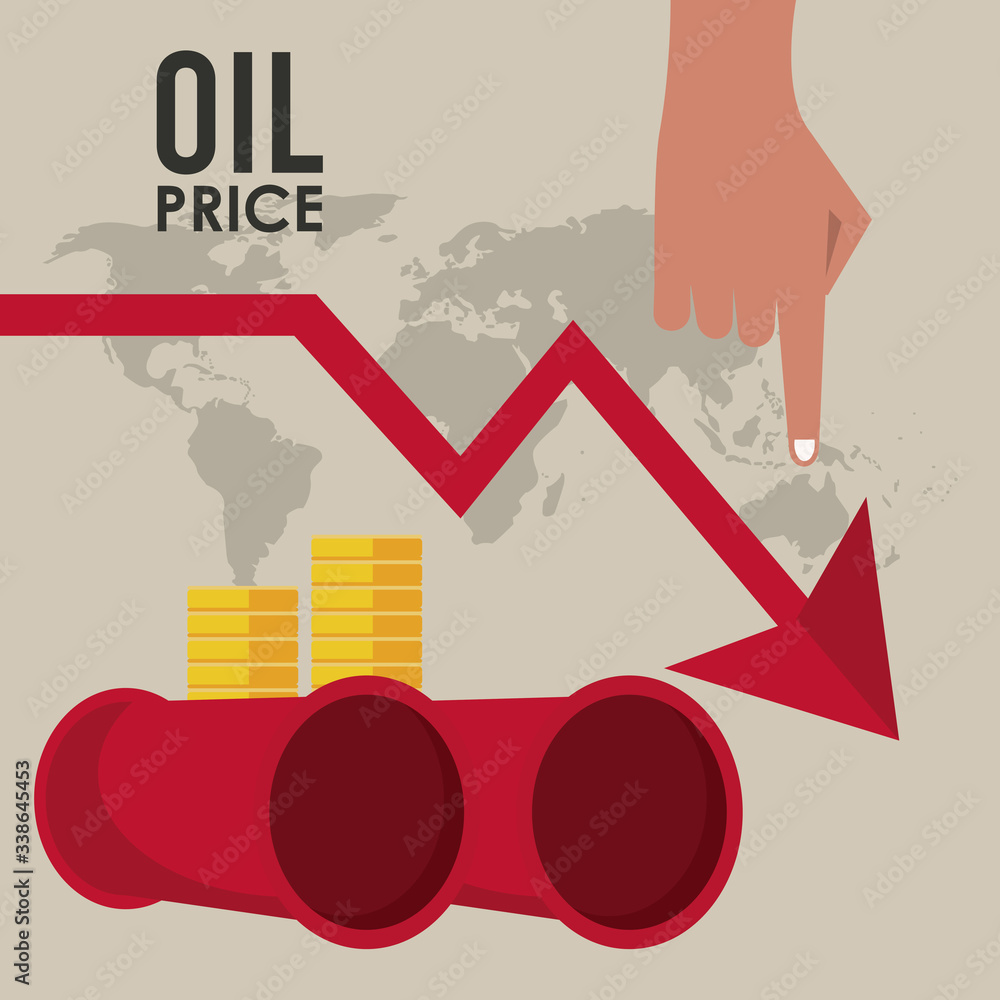 Obraz premium oil price infographic with barrels and arrow down