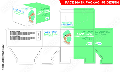 Disposable Face Mask Surgical Medical Dental Industrial Box Packaging Design Vector Illustration.