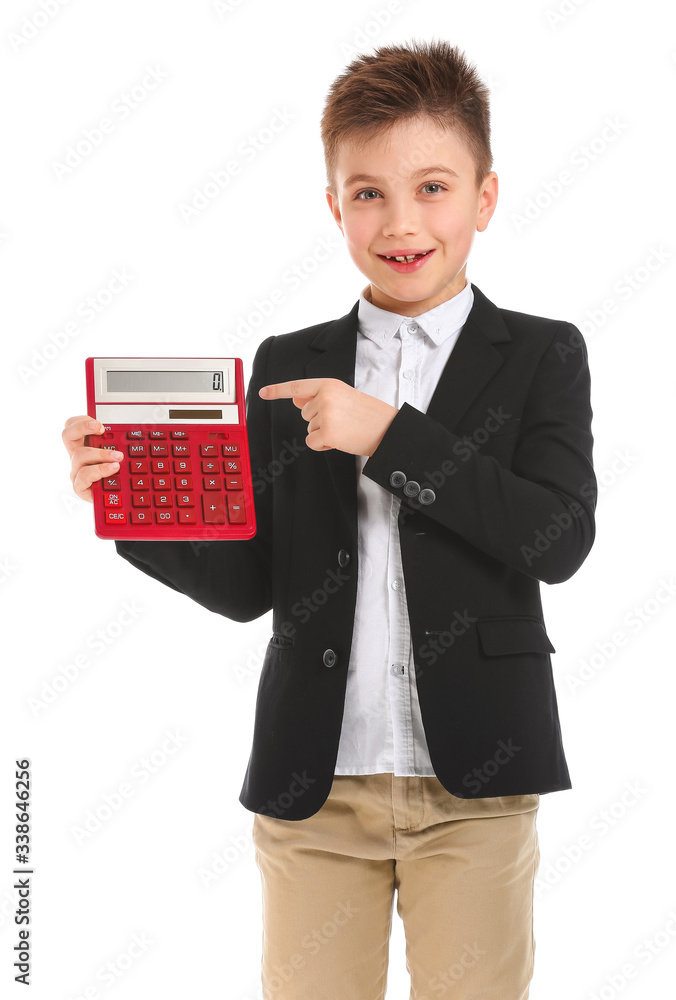 Little boy with calculator on white background