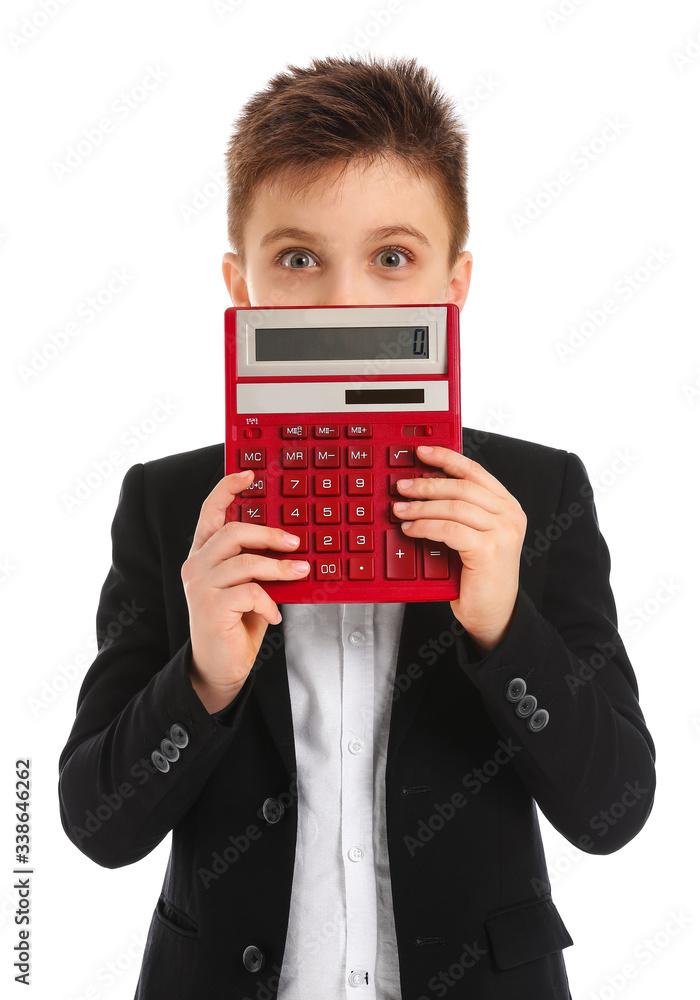 Surprised little boy with calculator on white background Surprised little boy with calculator on white background