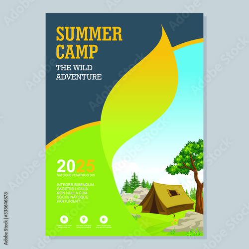 Summer Camp Flyer and Poster Template, with modern layout and beautiful nature camp site illustration