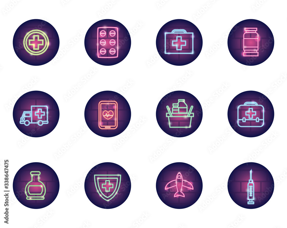 medicine and coronavirus icon set, neon style medicine and coronavirus icon set, neon style