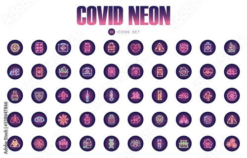 coronavirus or covid 19 icon set, neon style