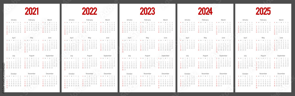 Calendar 2021, 2022, 2023, 2024, 2025 week start Sunday corporate ...
