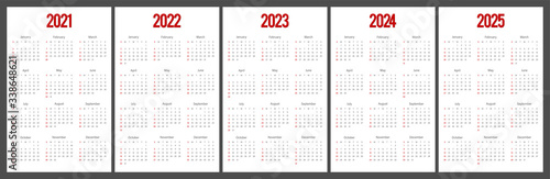 Calendar 2021, 2022, 2023, 2024, 2025 week start Sunday corporate design template. 5 years calendar.