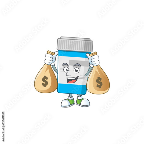 Blissful rich medical bottle cartoon character having money bags