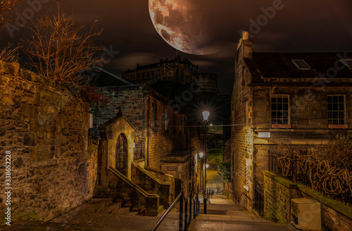 the Vennel Edinburgh  scotlands capital city with the super moon  uk.