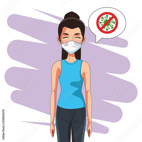 woman using face mask and stop covid19 signal